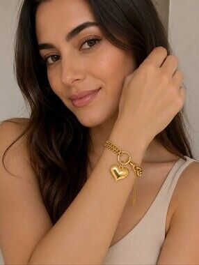 Gold Heart Charm Link Bracelet - Women Jewelry